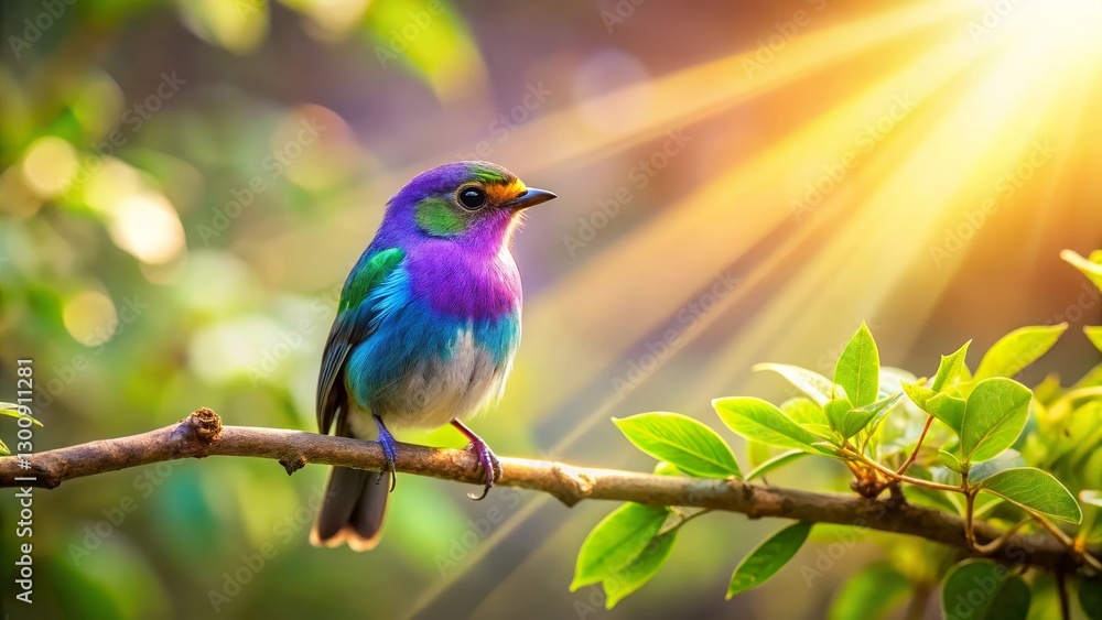 Obraz premium Vibrant iridescent bird perched on a sunlit branch amidst lush green foliage, showcasing its exquisite plumage in a breathtaking natural scene.