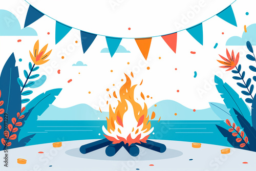 Bonfire glowing brightly in the outdoor landscape, creating a warm ambiance. Flat modern illustration style. Lag BaOmer celebration concept
