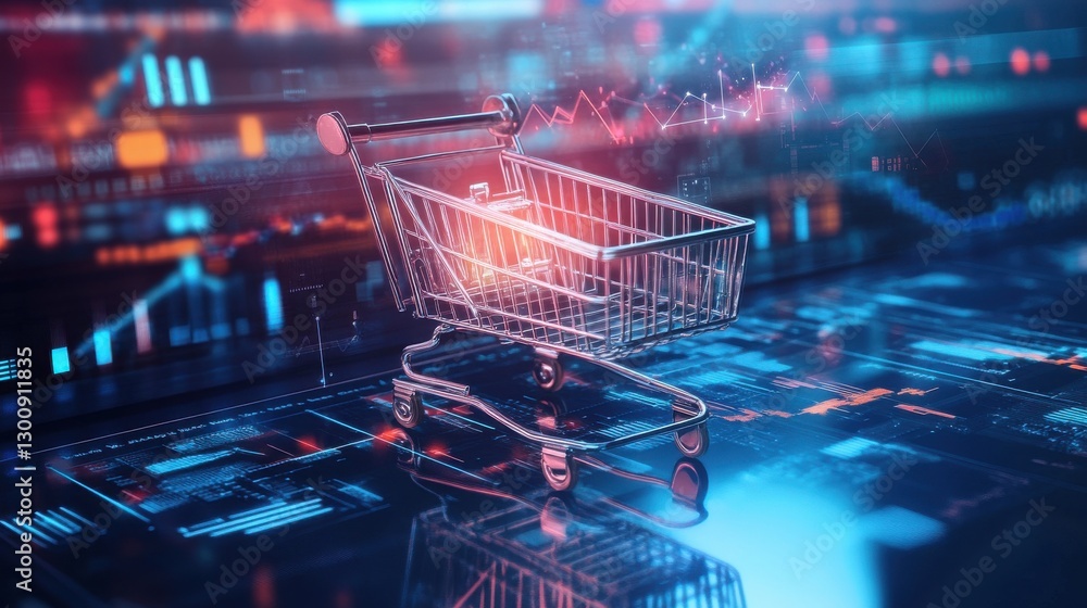 An e-commerce business strategy presentation with sleek glowing charts, a shopping cart surrounded by upward trends and vibrant digital graphs, professional and dynamic An e-commerce business strategy presentation with sleek glowing charts, a shopping cart surrounded by upward trends and vibrant digital graphs, professional and dynamic