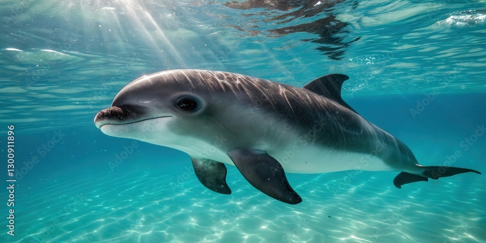 Fototapeta premium a close-up underwater shot of a dolphin swimming in clear blue water. The dolphin's smooth skin and gentle expression create a sense of serenity and connection