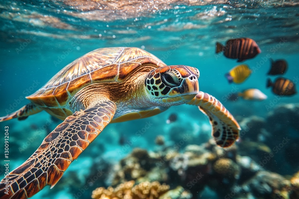 Fototapeta premium Green sea turtle swimming peacefully in crystal-clear turquoise water, surrounded by vibrant coral reef and colorful tropical fish