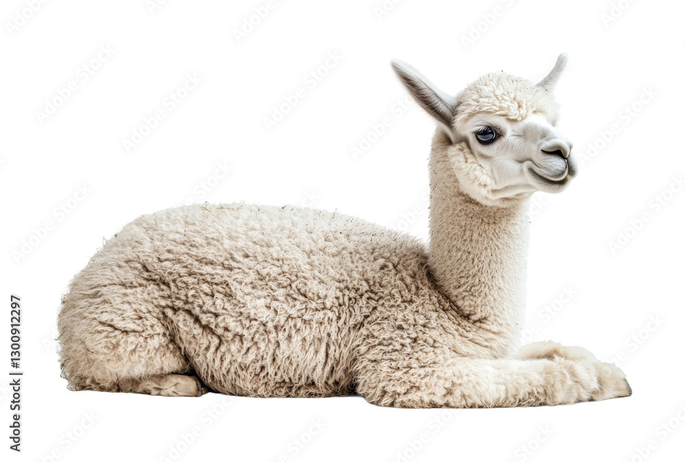 Obraz premium Soft and fluffy baby alpaca resting peacefully in a serene environment for nature and animal lovers, cut out