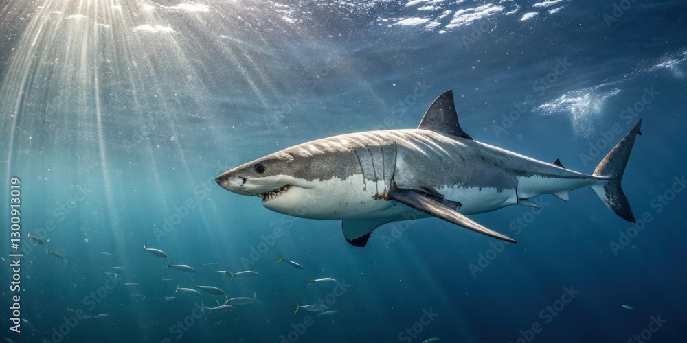 Fototapeta premium a majestic great white shark swimming in the deep blue ocean with sunlight streaming through the water