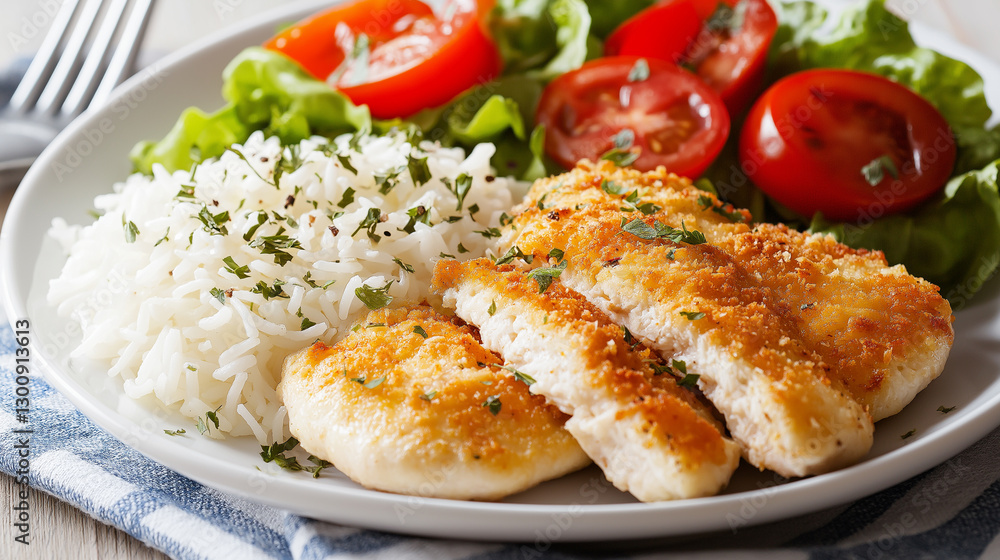 A plate of crispy fried chicken with rice, lettuce, and tomatoes arranged on a white surface.
A plate of crispy fried chicken with rice, lettuce, and tomatoes arranged on a white surface.