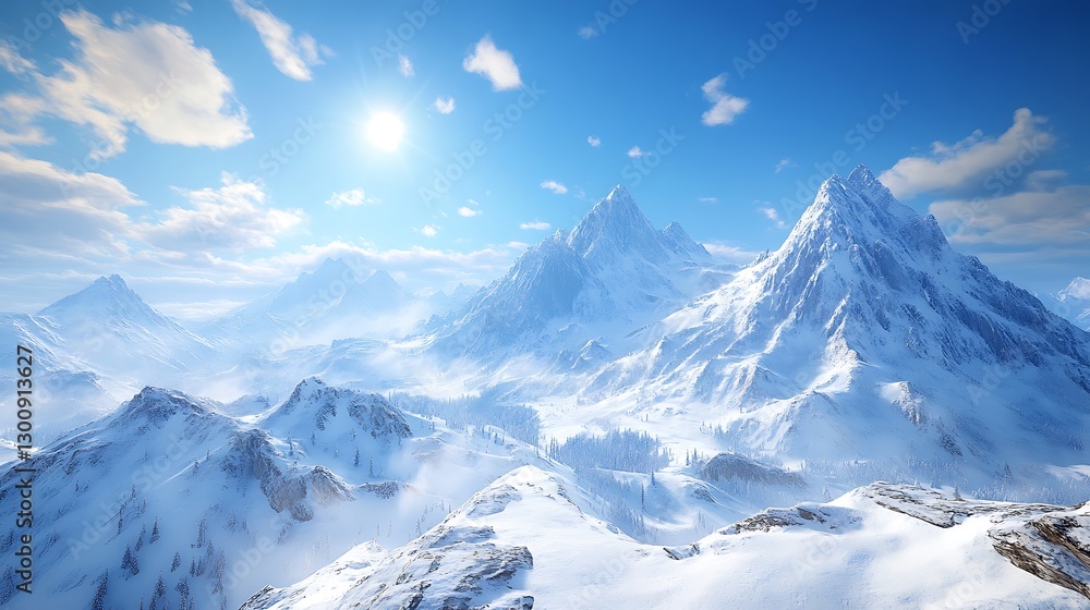 Obraz premium The dramatic peaks of Chamonix's Alps in hyper-realistic detail, their snow-covered ridges glistening under the midday sun, with a vast blue sky and an untouched wilderness stretching out below.