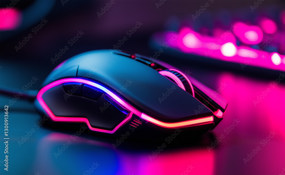 A futuristic gaming mouse with neon lights glowing against a blurred digital background. A futuristic gaming mouse with neon lights glowing against a blurred digital background.