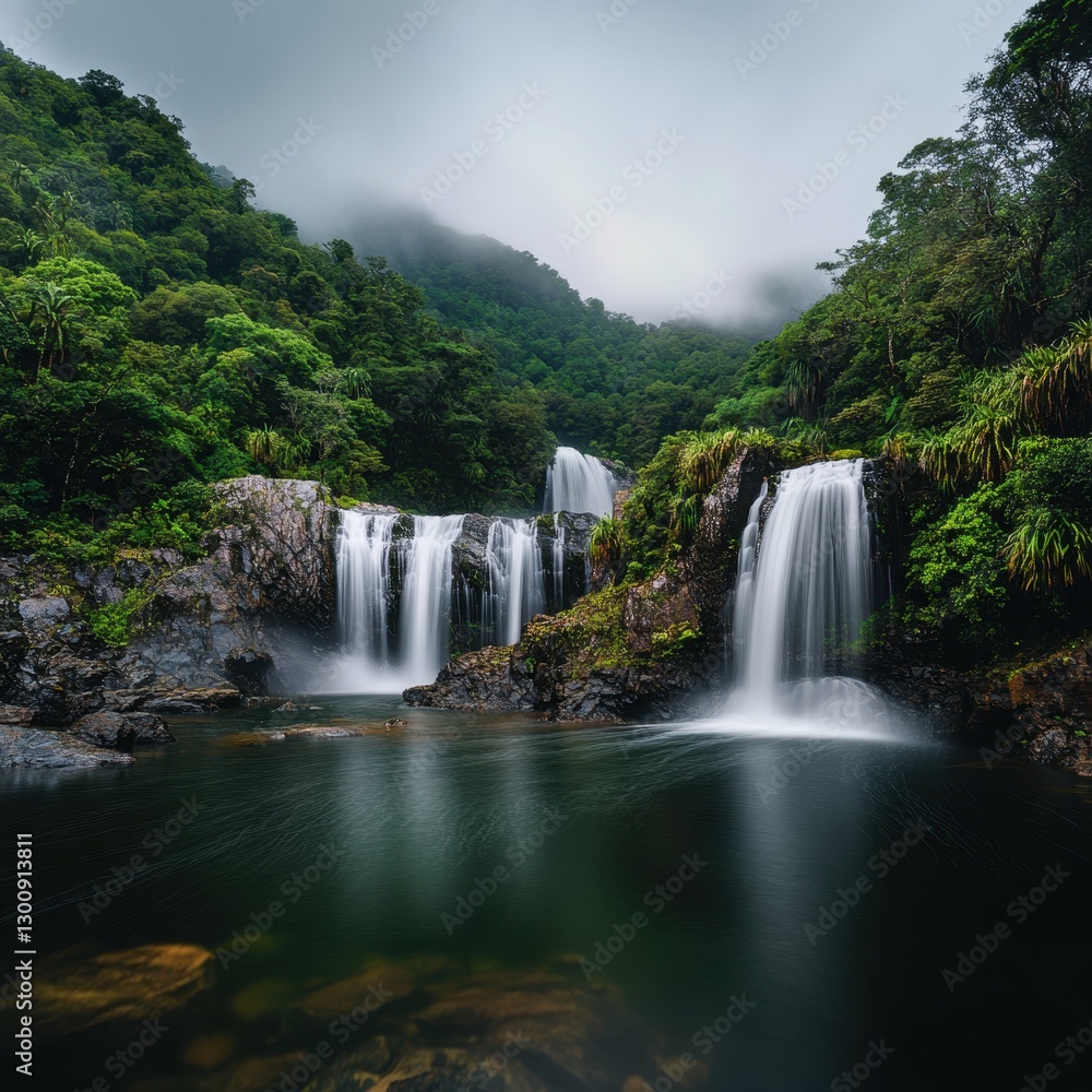 Fototapeta premium Majestic Waterfalls Cascade Into Serene Pool Surrounded by Lush Rainforest in Misty Atmosphere During Early Morning Hours