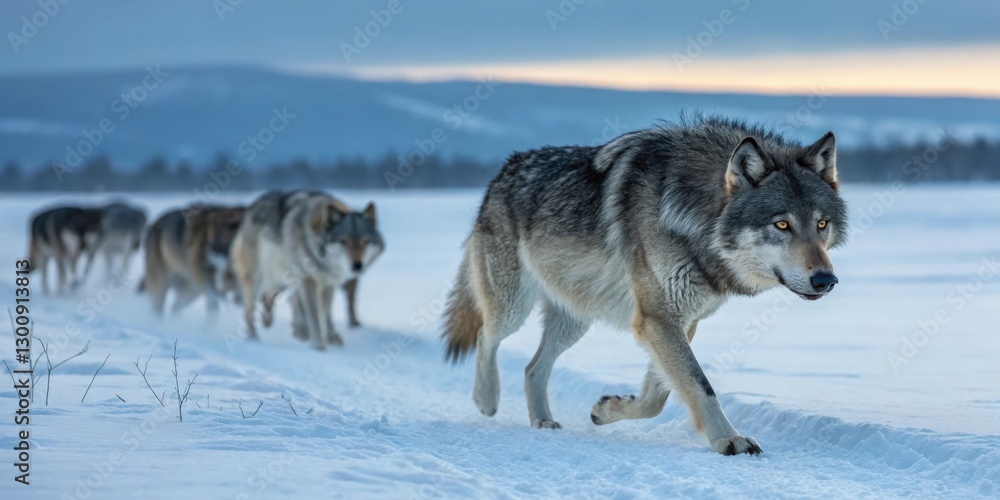a pack of wolves traversing a snowy landscape, moving in a line, embodying the spirit of the wild a pack of wolves traversing a snowy landscape, moving in a line, embodying the spirit of the wild
