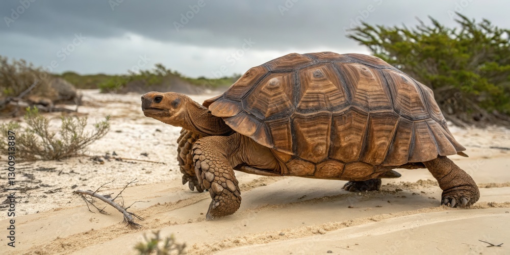a large tortoise slowly walking across a sandy terrain with a cloudy sky above a large tortoise slowly walking across a sandy terrain with a cloudy sky above