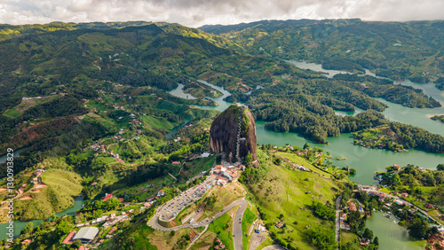 Breathtaking Aerial View of Guatape Rock and Surrounding Lake Scenery in Antioquia, Colombia