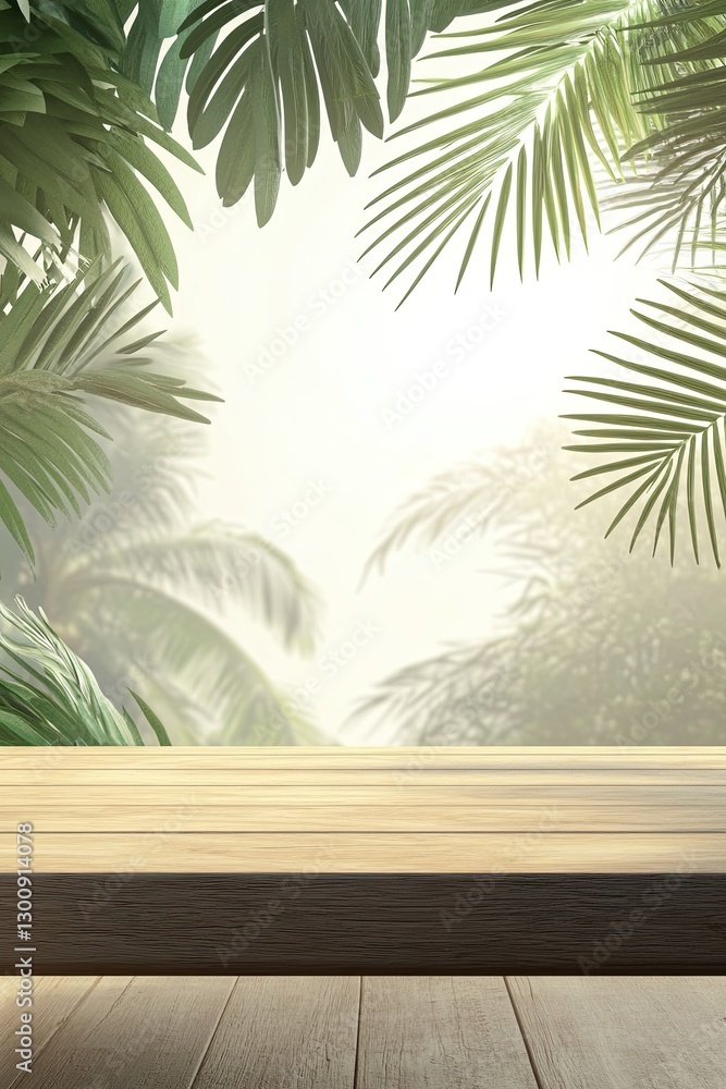 3D render of a wooden table top with a tropical jungle background for product display presentation 3D render of a wooden table top with a tropical jungle background for product display presentation