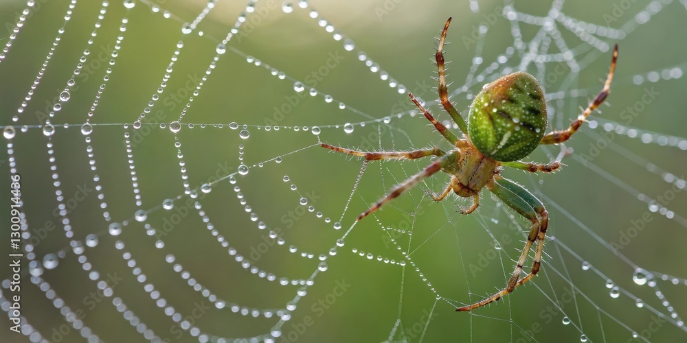 Green spider on a dewy web at sunrise Green spider on a dewy web at sunrise
