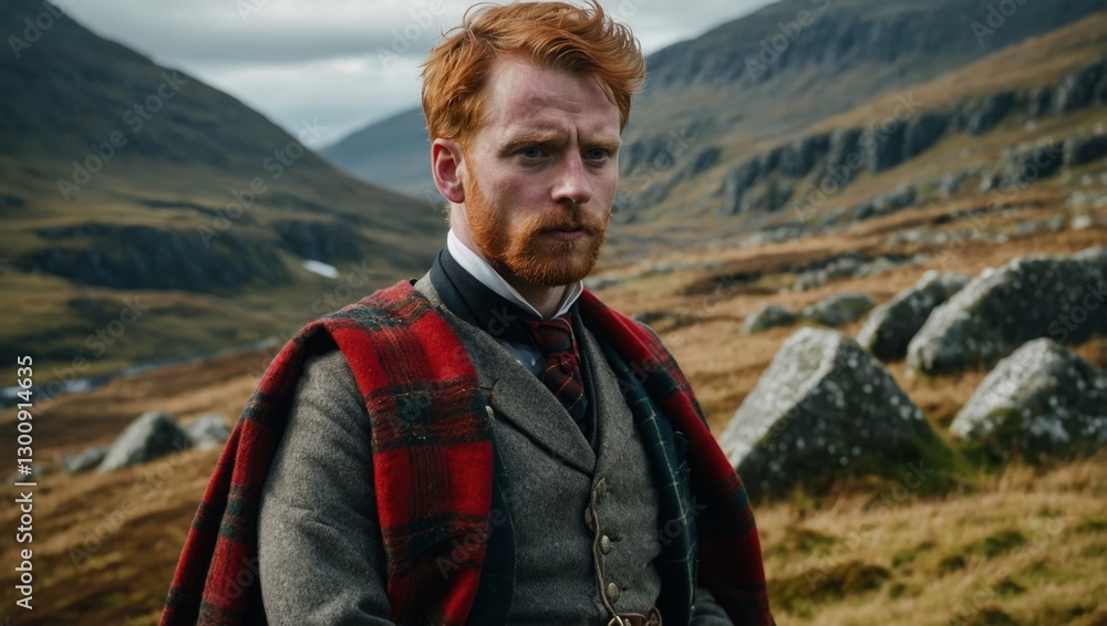 Naklejka premium A red-haired man in traditional Scottish attire, including a tartan shawl, stands in the misty Highlands. His expression is serious and contemplative