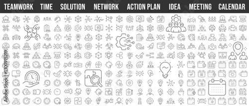 Big line icon set. Teamwork, network, meeting, solution, idea, innovation, calendar, time, action plan. Editable stroke
