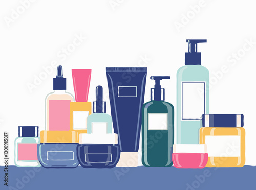 Vector Illustration of a Diverse Array of Cosmetic Products, Stylishly Arranged for Beauty Marketing and Promotional Use.