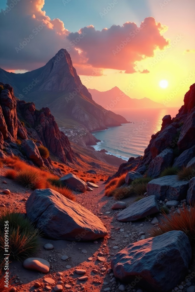 Obraz premium Desolado paisaje de rocas nublo con atardecer, rocamontes, GranCanaria, canarias