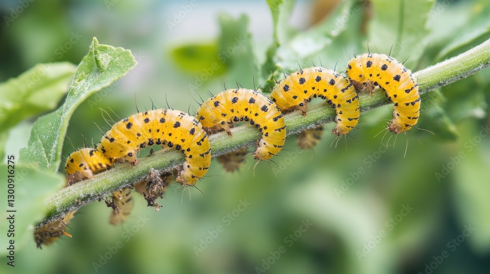 A close-up of several yellow caterpillars with black spots on a green plant stem. A close-up of several yellow caterpillars with black spots on a green plant stem.