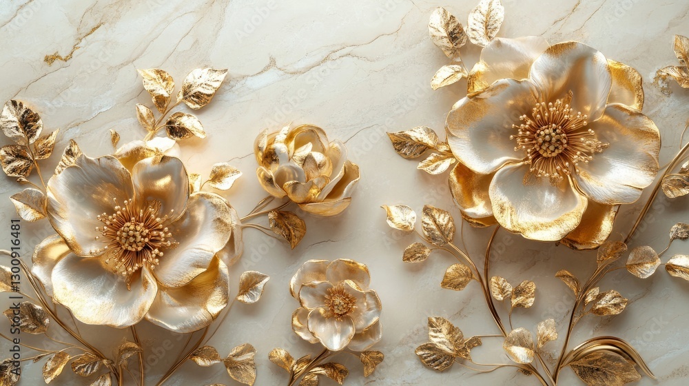 Luxurious 3D-rendered golden flowers with intricate patterns on a marble surface Luxurious 3D-rendered golden flowers with intricate patterns on a marble surface