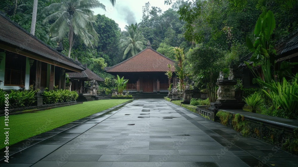 Wet pathway, lush tropical gardens, temple structures. Wet pathway, lush tropical gardens, temple structures.