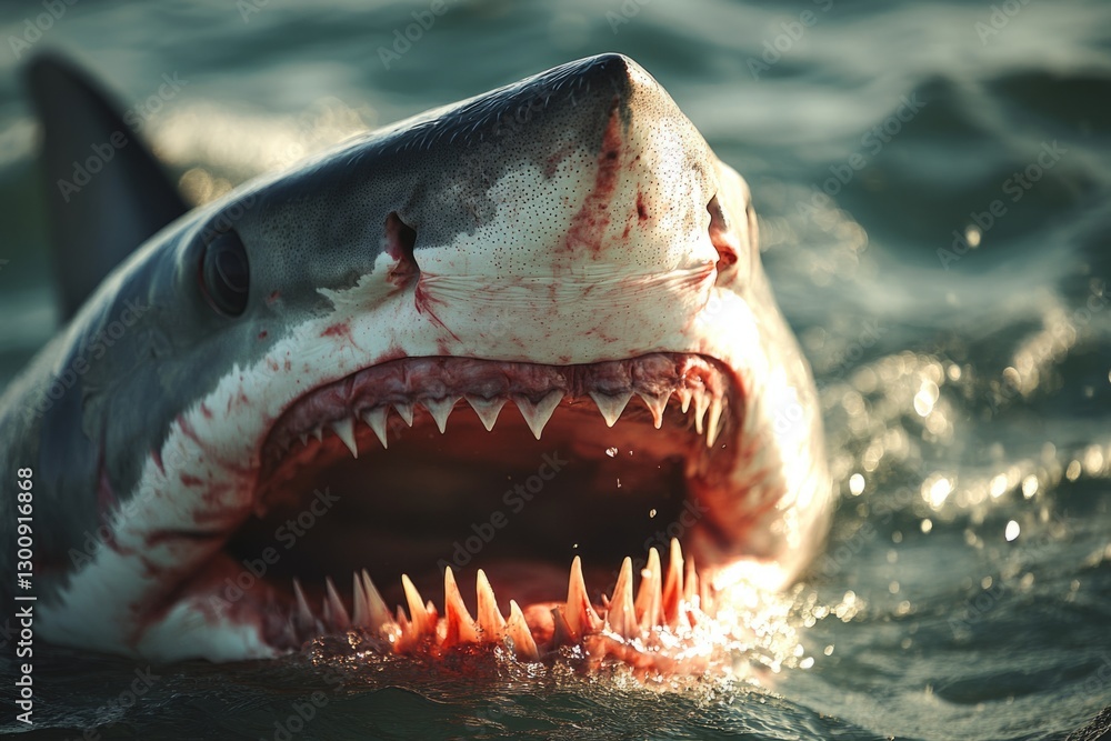Obraz premium Great white shark showing its teeth while swimming in the ocean