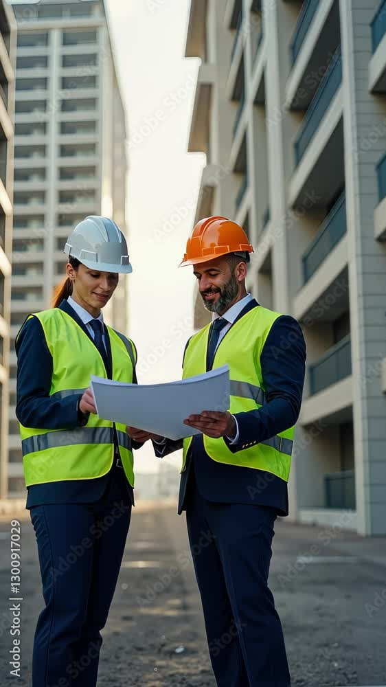 Engineers reviewing blueprints in urban construction site context Engineers reviewing blueprints in urban construction site context