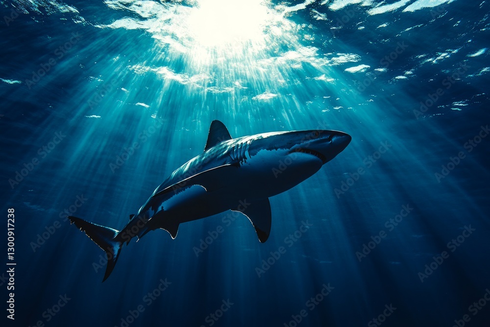 Fototapeta premium Majestic oceanic whitetip shark gracefully navigating the deep blue, illuminated by sunbeams piercing the surface