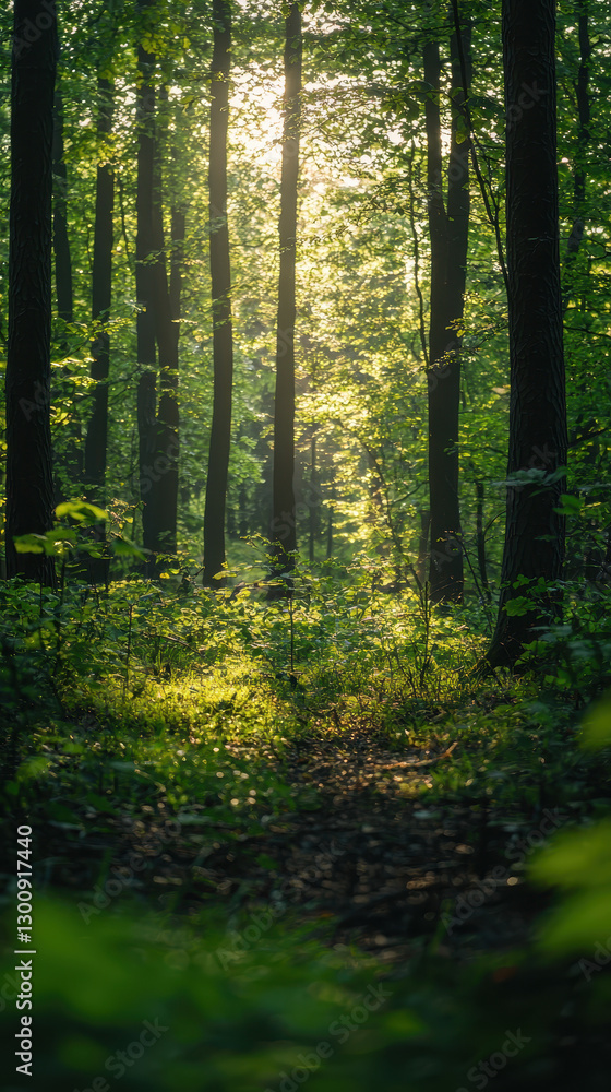 Obraz premium Lush green forest with sunbeams creating a serene atmosphere and inviting tranquility