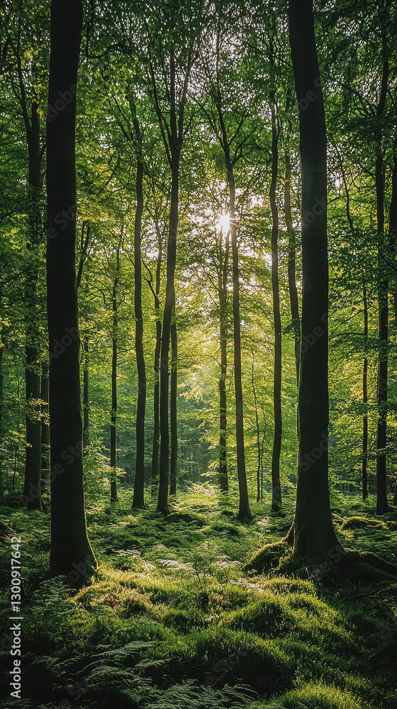 Obraz premium Lush green forest with sunbeams filtering through trees creates a serene atmosphere