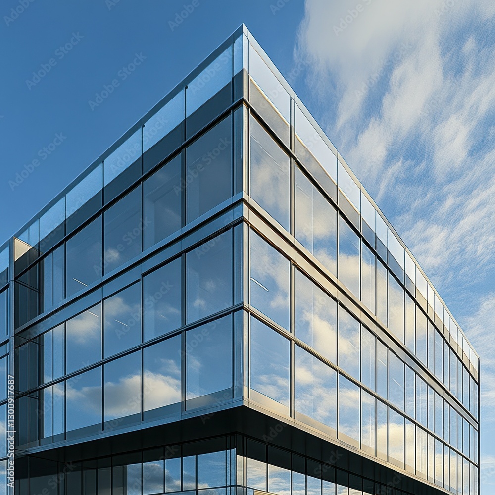 Modern Glass Office Building Reflecting Clouds in Clear Blue Sky During Sunny Day Modern Glass Office Building Reflecting Clouds in Clear Blue Sky During Sunny Day