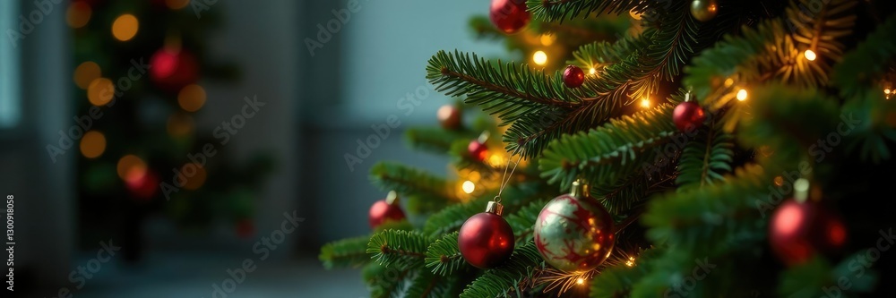 Fresh pine garland draped on top of a Christmas tree with twinkling lights and ornaments, twinkling lights, holly Fresh pine garland draped on top of a Christmas tree with twinkling lights and ornaments, twinkling lights, holly