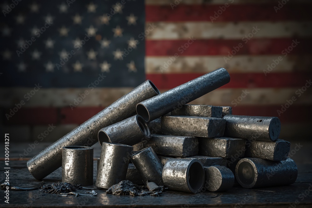 a pile of metal pipes and an american flag a pile of metal pipes and an american flag