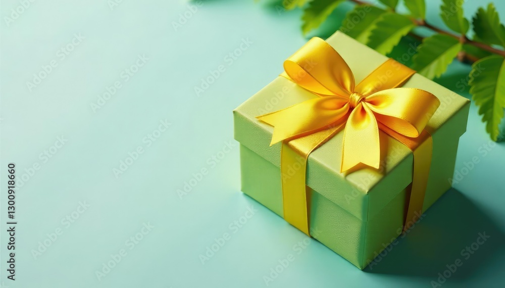 Gift box with yellow ribbon and fresh greenery, gift box, garland, ferns Gift box with yellow ribbon and fresh greenery, gift box, garland, ferns