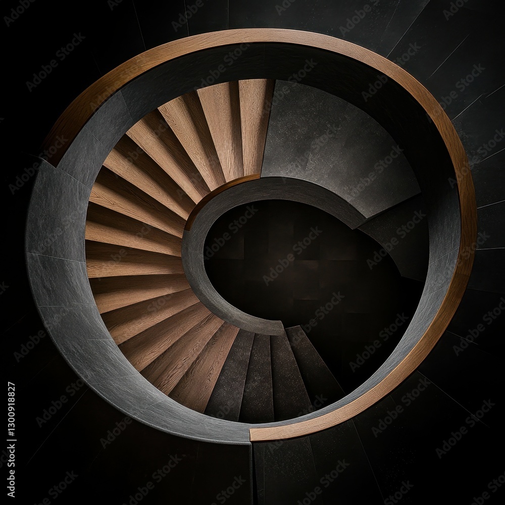 Fototapeta premium Elegant Spiral Staircase Showcasing Wooden and Stone Craftsmanship in a Modern Architectural Setting
