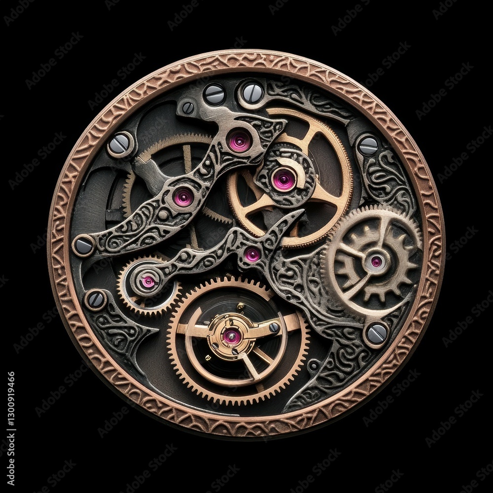 Intricate Clockwork Mechanism Showing Gears and Jewels in Detailed Design Intricate Clockwork Mechanism Showing Gears and Jewels in Detailed Design
