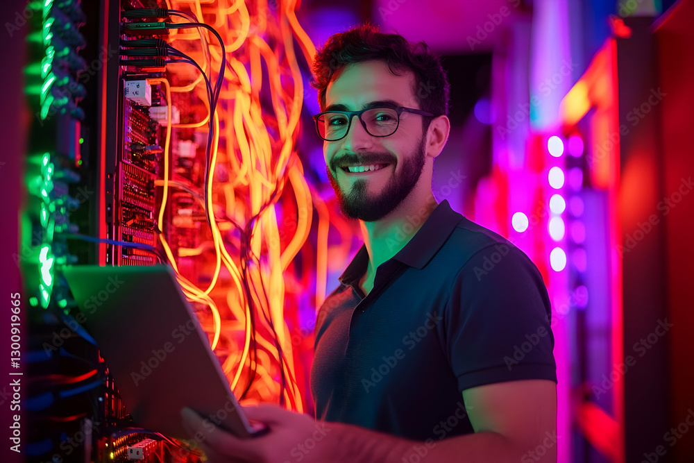 Obraz premium Smiling male engineer holding a laptop in a server room
