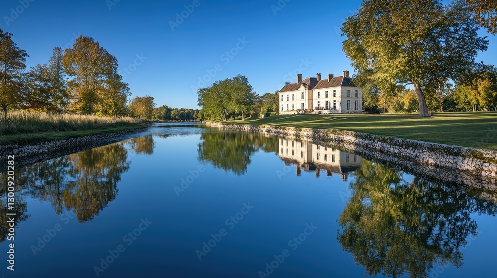 A wide-angle view of a French reflected in a serene moat under a clear blue sky A wide-angle view of a French reflected in a serene moat under a clear blue sky