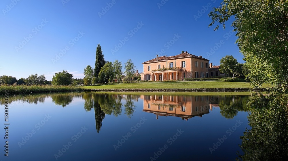 A wide-angle view of a French reflected in a serene moat under a clear blue sky A wide-angle view of a French reflected in a serene moat under a clear blue sky