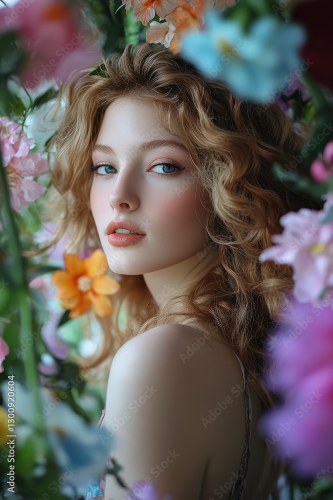 A woman with defined ringlets posing in a floral garden during spring A woman with defined ringlets posing in a floral garden during spring