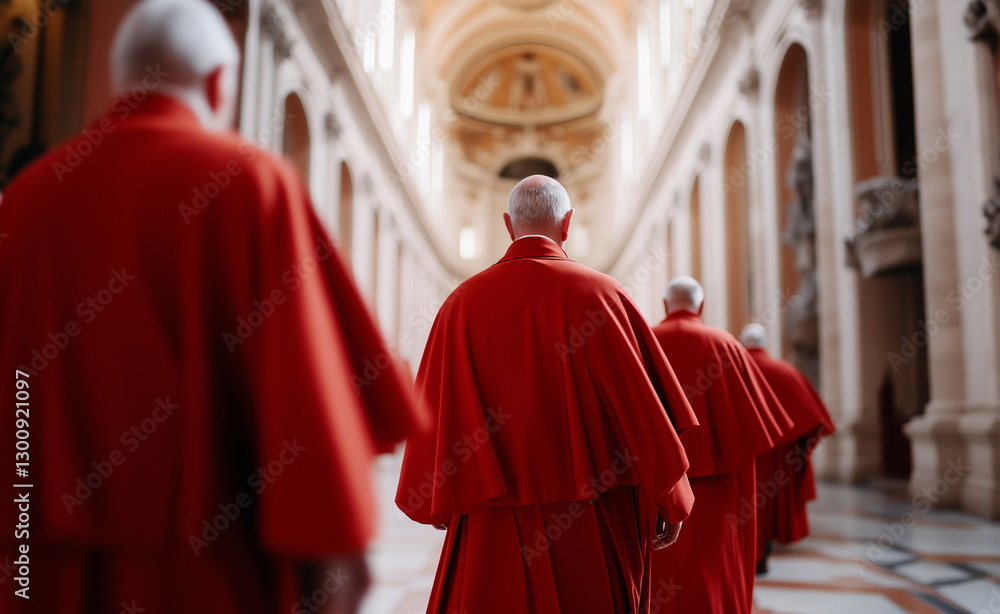 Naklejka premium A group of cardinals in red robes walking towards the entrance of a grand church or cathedral.