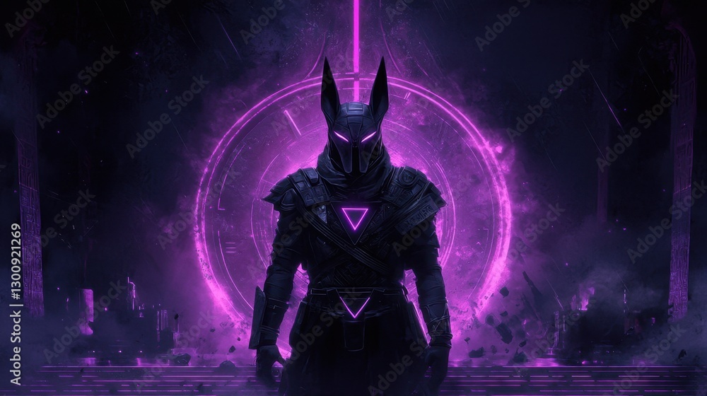 Dark Fantasy Character with Futuristic Armor and Neon Purple Accents in a Mysterious Setting Dark Fantasy Character with Futuristic Armor and Neon Purple Accents in a Mysterious Setting