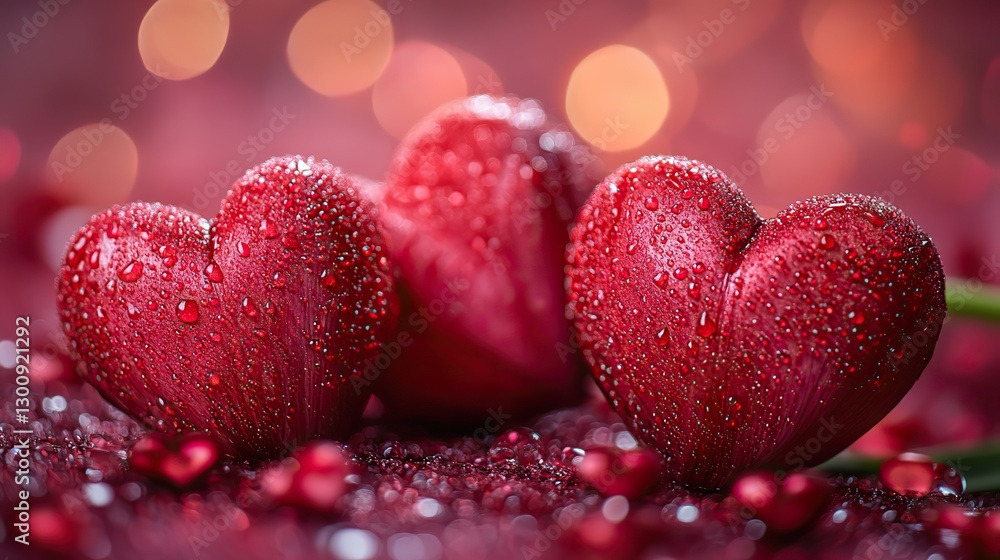 Obraz premium Enchanting tulips and heart shaped accents on a soothing pink backdrop create a romantic setting for conveying emotions or featuring promotional content.