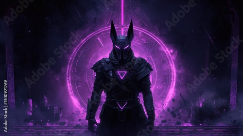 Dark Fantasy Character with Futuristic Armor and Neon Purple Accents in a Mysterious Setting
