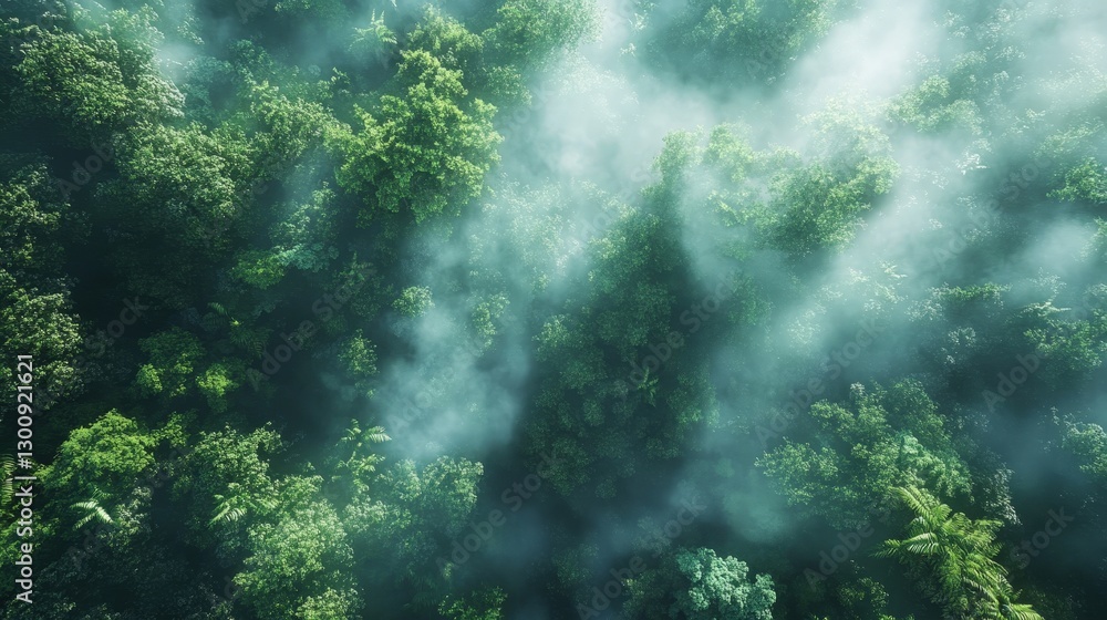 Fototapeta premium Aerial view of a dense rainforest with mist covering the canopy