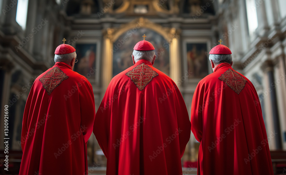 Naklejka premium Three cardinals in red robes standing in a church with a grand altar in the background.