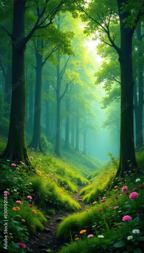 Fototapeta premium lush green forest with towering trees and wildflowers, flowers, vegetation