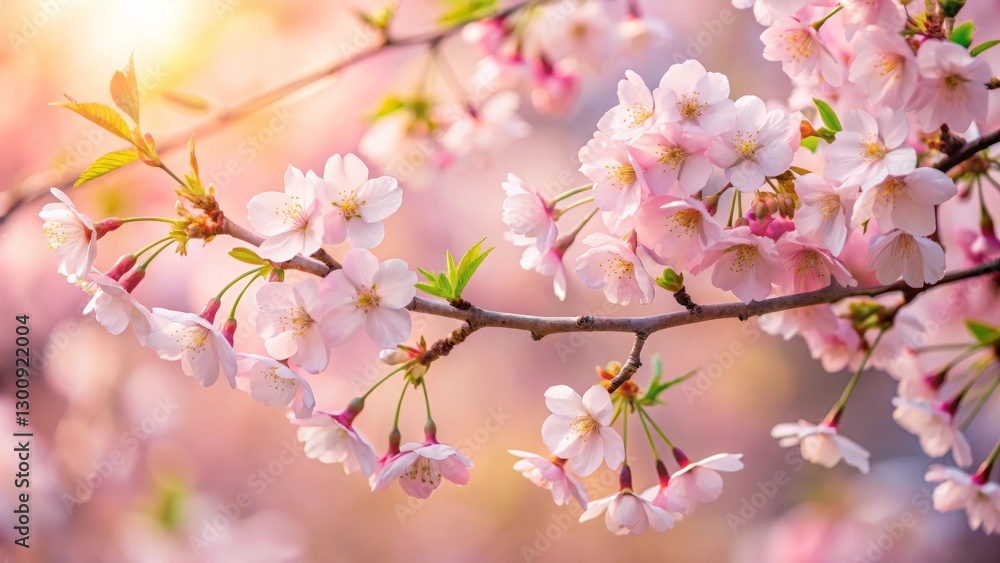Delicate Pink Blossoms on a Branch, Illuminated by Soft Sunlight, Exhibiting Exquisite Natural Beauty Delicate Pink Blossoms on a Branch, Illuminated by Soft Sunlight, Exhibiting Exquisite Natural Beauty