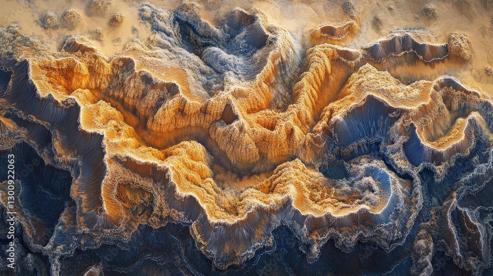 Obraz premium Aerial view of a vast desert landscape with intricate patterns of sand dunes