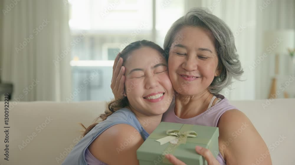 May Mother's day young adult child arm around cuddle hug give gift box to mature middle age old mum. Love kiss care mom asia elder people sit at home sofa happy smile enjoy family good time aging life May Mother's day young adult child arm around cuddle hug give gift box to mature middle age old mum. Love kiss care mom asia elder people sit at home sofa happy smile enjoy family good time aging life