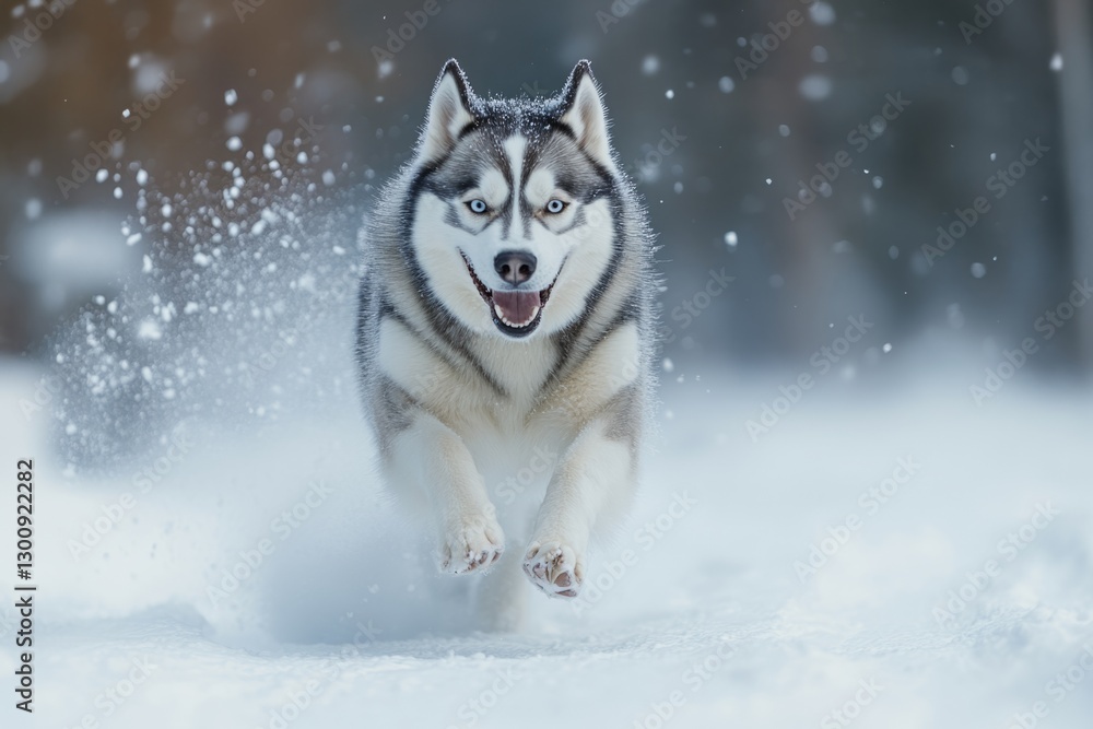Happy husky dog running fast in winter wonderland, enjoying the snow and freedom Happy husky dog running fast in winter wonderland, enjoying the snow and freedom
