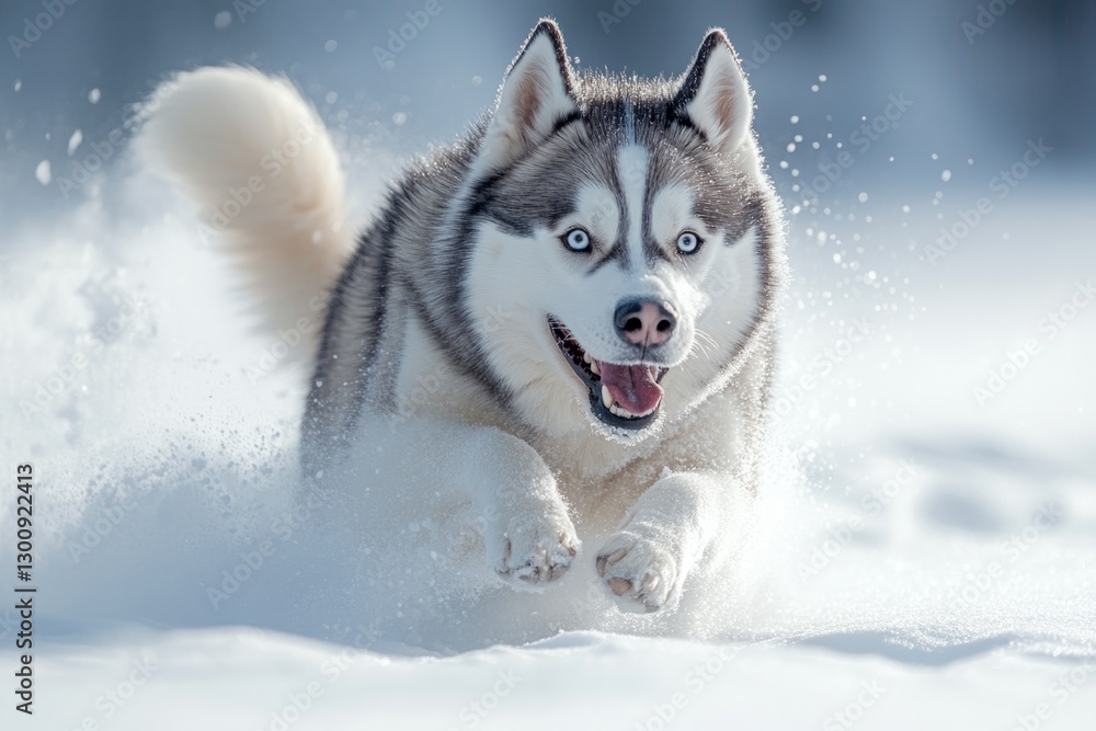 Happy siberian husky running fast on deep snow in winter Happy siberian husky running fast on deep snow in winter